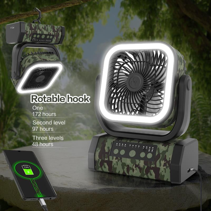30000Mah Rechargeable Camping Fan with LED Light, Portable Multifunctional Fan with 360° Swivel Hook, Oscillating Emergency Camping Fan for Indoor, Outdoor, Tenting, Traveling
