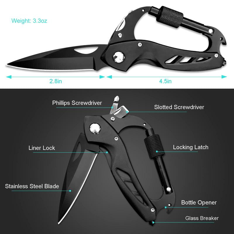 EDC Folding Pocket Knife with Multitool Carabiner – Survival Carabiner Featuring Bottle Opener, Window Breaker & Screwdriver, Compact Gear for Camping, Hiking & Everyday Carry