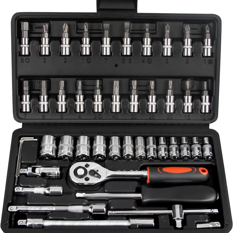 Multi-Purpose 1/4 Inch Drive Socket Ratchet Wrench Set, 45 Pieces Socket Set with Bit Socket Set Metric and Extension Bar for Car Bicycle Motorcycle Repair and Home Use with Storage Case Tool Kit