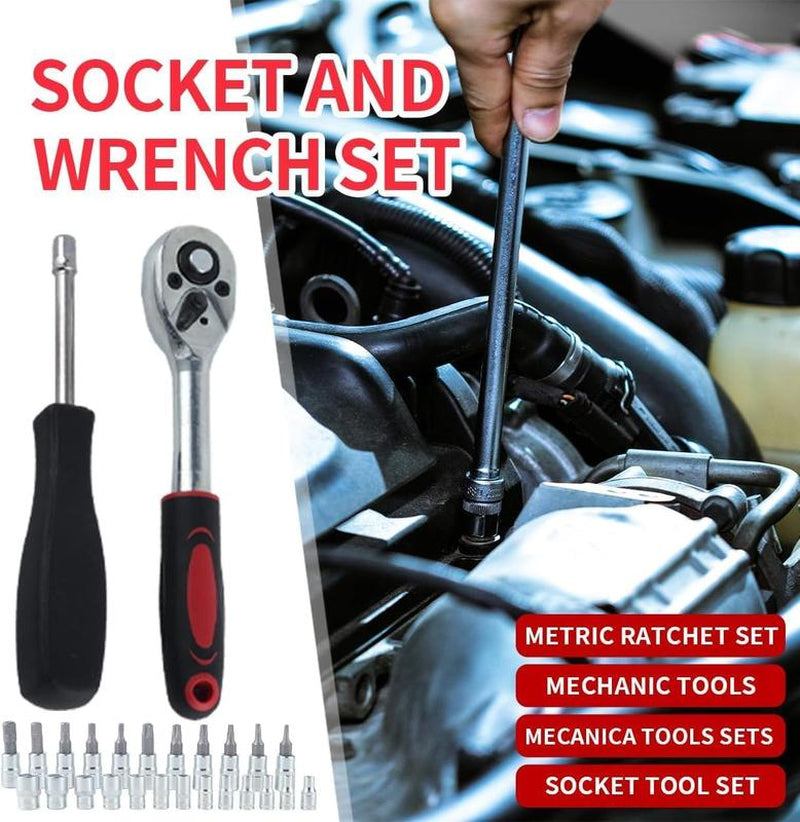 Multi-Purpose 1/4 Inch Drive Socket Ratchet Wrench Set, 45 Pieces Socket Set with Bit Socket Set Metric and Extension Bar for Car Bicycle Motorcycle Repair and Home Use with Storage Case Tool Kit