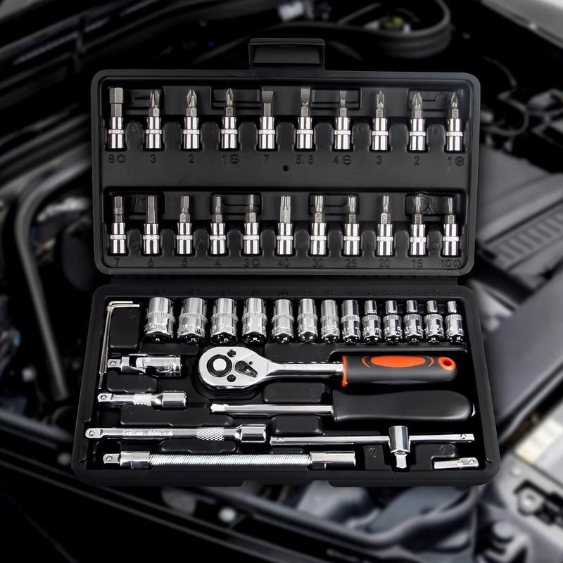 Multi-Purpose 1/4 Inch Drive Socket Ratchet Wrench Set, 45 Pieces Socket Set with Bit Socket Set Metric and Extension Bar for Car Bicycle Motorcycle Repair and Home Use with Storage Case Tool Kit