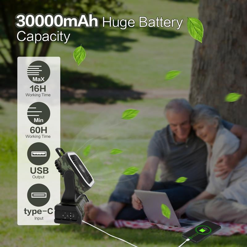 30000Mah Rechargeable Camping Fan with LED Light, Portable Multifunctional Fan with 360° Swivel Hook, Oscillating Emergency Camping Fan for Indoor, Outdoor, Tenting, Traveling