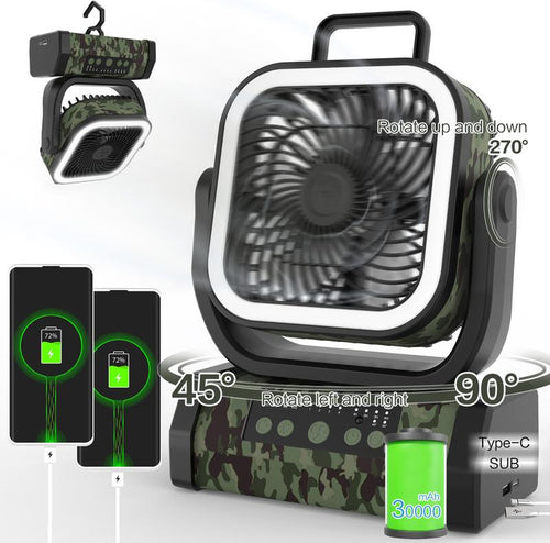 30000Mah Rechargeable Camping Fan with LED Light, Portable Multifunctional Fan with 360° Swivel Hook, Oscillating Emergency Camping Fan for Indoor, Outdoor, Tenting, Traveling