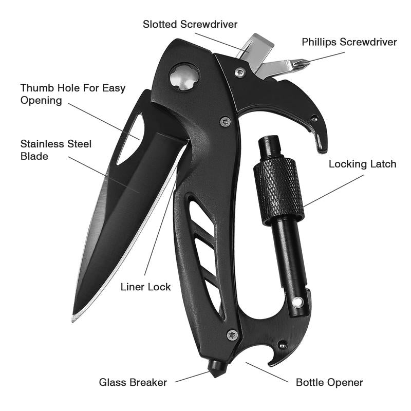 EDC Folding Pocket Knife with Multitool Carabiner – Survival Carabiner Featuring Bottle Opener, Window Breaker & Screwdriver, Compact Gear for Camping, Hiking & Everyday Carry
