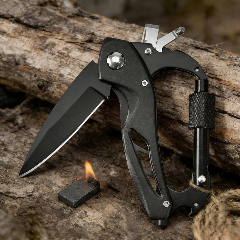 EDC Folding Pocket Knife with Multitool Carabiner – Survival Carabiner Featuring Bottle Opener, Window Breaker & Screwdriver, Compact Gear for Camping, Hiking & Everyday Carry