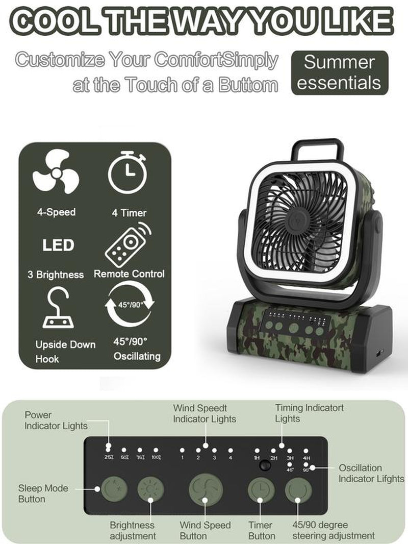 30000Mah Rechargeable Camping Fan with LED Light, Portable Multifunctional Fan with 360° Swivel Hook, Oscillating Emergency Camping Fan for Indoor, Outdoor, Tenting, Traveling